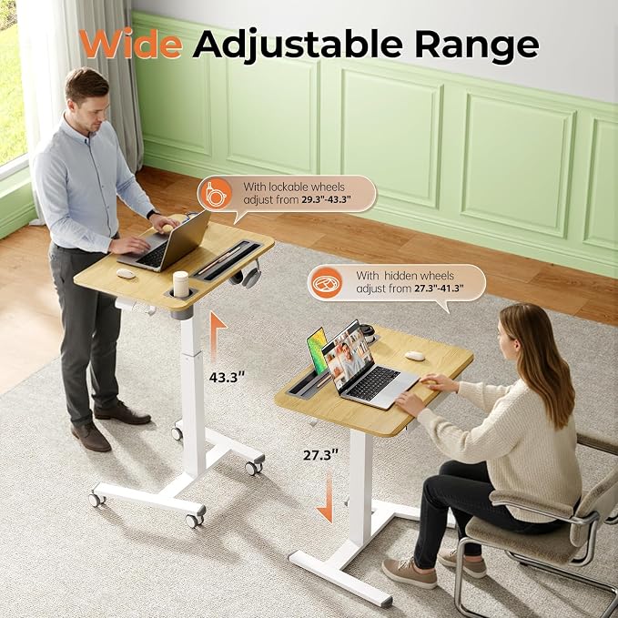Mobile Standing Desk with Drawer, 28" Rolling Desk with Cup Holder and Hooks, Portable Laptop Workstation on Wheels, Height Adjustable Cart with Storage for Home Office, Maple