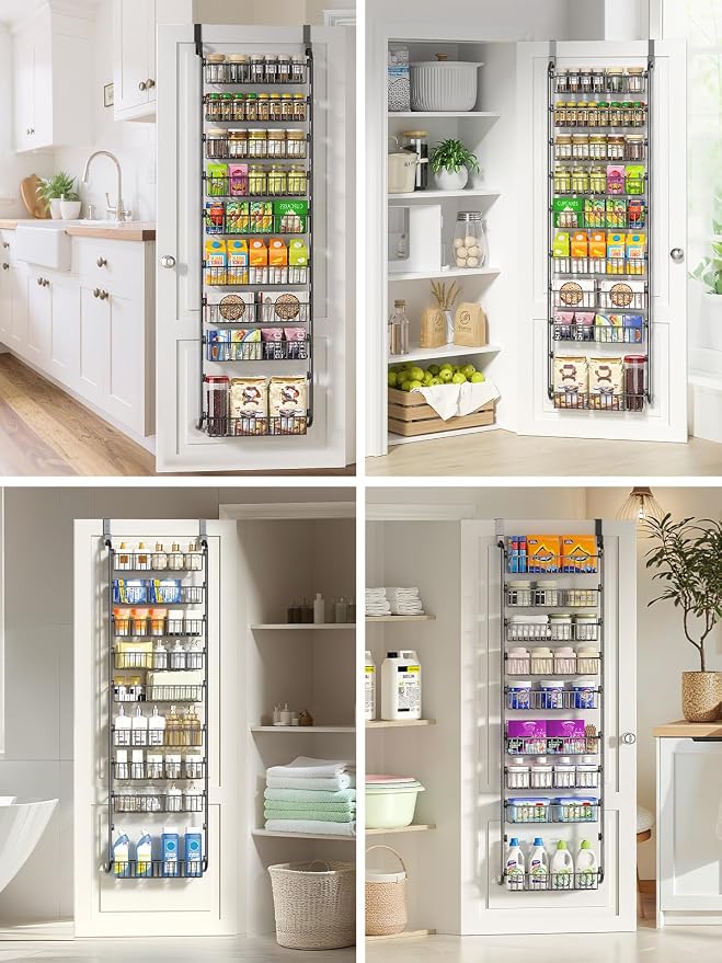 Delamu Over The Door Pantry Organizer, 9-Tier Pantry Door Organizers and Storage with Adjustable Basket, Metal Hanging Spice Rack, Seasoning Organizer, Door Organizer for Home Kitchen Bathroom, Black