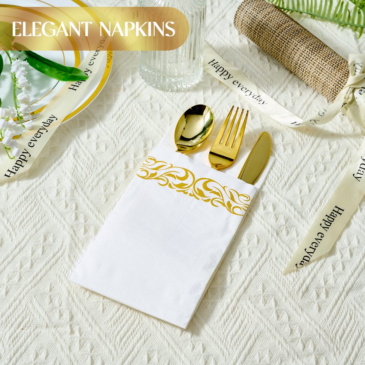 Vplus 200 Pack Paper Napkins Guest Towels Disposable Premium Quality 3-ply Dinner Napkins Disposable Soft, Absorbent, Perfect for Kitchen, Wedding, Parties, Dinners or Events (Gold)