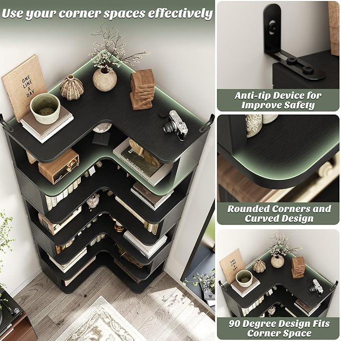 Armocity Corner Book Shelf - 7 Tier Corner Bookshelf Etagere Bookcase with Baffle, Freestanding L Shaped Display Shelf Stand for Home Office, Living Room, Bedroom, Kitchen, Black