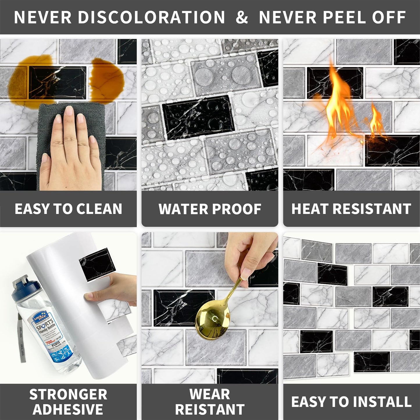 URCOLOR 10-Sheet Peel and Stick Backsplash Tile Sticker for Kitchen,12"x12" Self Adhesive Subway Wall Tiles Stick on Back Splashes for Bathroom White Gray Black White Marble Design