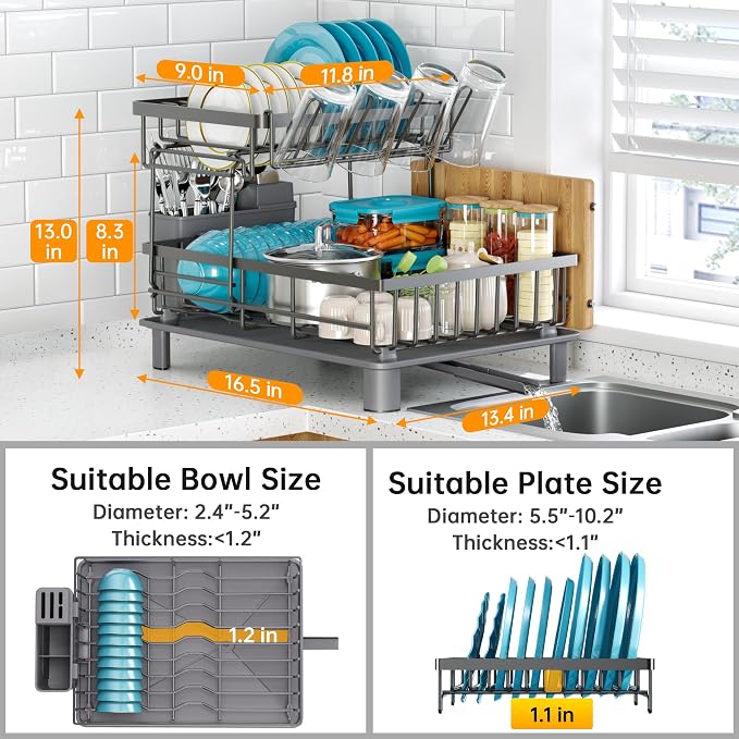 2 Tier Dish Drying Rack, Large Dish Racks for Kitchen Counter with Drying Mat, Detachable Dish Drainer Organizer, Rust-Resistant Space-Saving Dish Rack with Drainboard and Utensil Holder,Gray