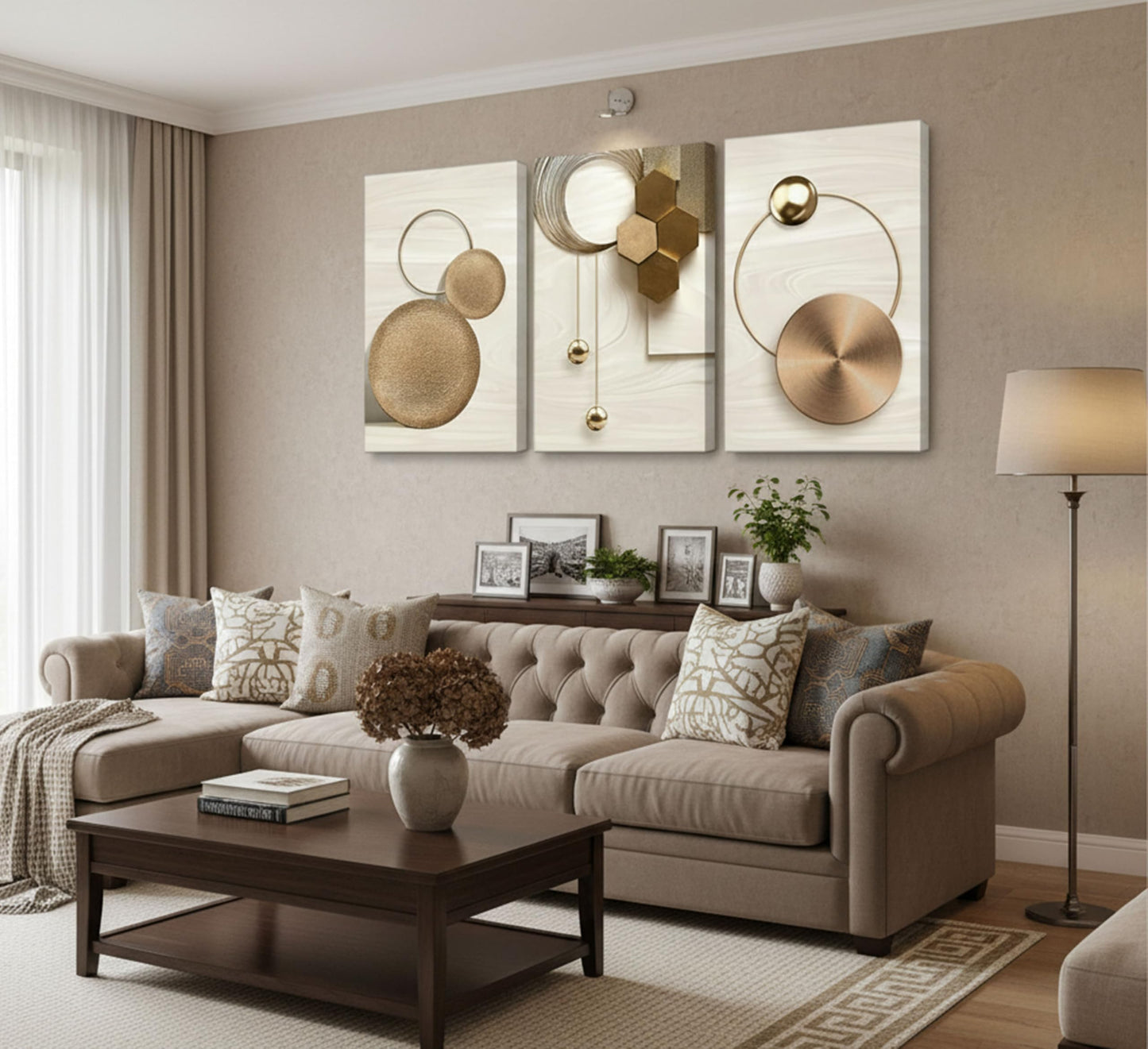 3 Pcs Abstract Gold Geometric Boho Canvas Wall Art Mid Century Modern Minimalist Aesthetic Luxury Metal Artwork Pictures Wall Decor Posters Prints for Living room Bedroom Office Home Decoration