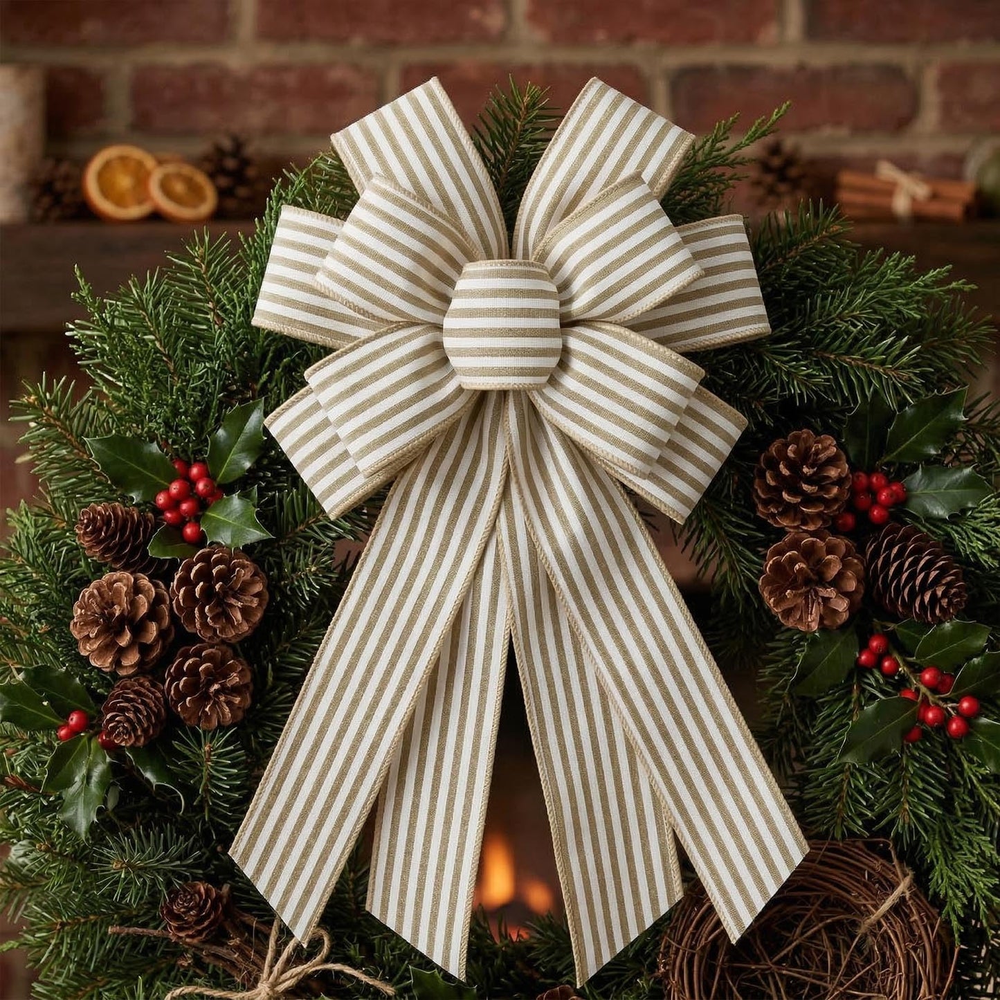 Vickasi Natural Stripes Wreath Bows for Front Door, Khaki Stripes Burlap Ribbon Bowknot Farmhouse Craft Bows Accessories for Wreath Tree Home Decorations