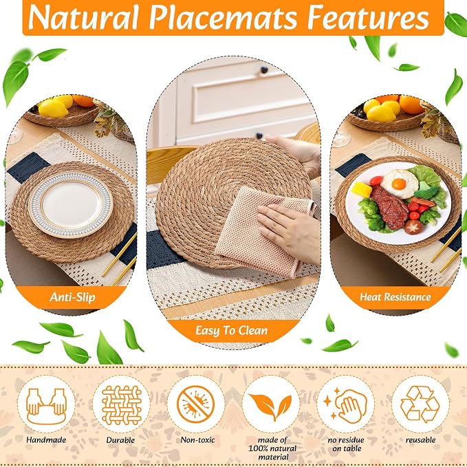 4 Sets Boho Decoration Placemats Round Woven Placemats, Cloth Napkins, Wood Bead Napkin Rings, Long Table Runner and Farmhouse Burlap Cotton for Table Kitchen (Blue,12x72)