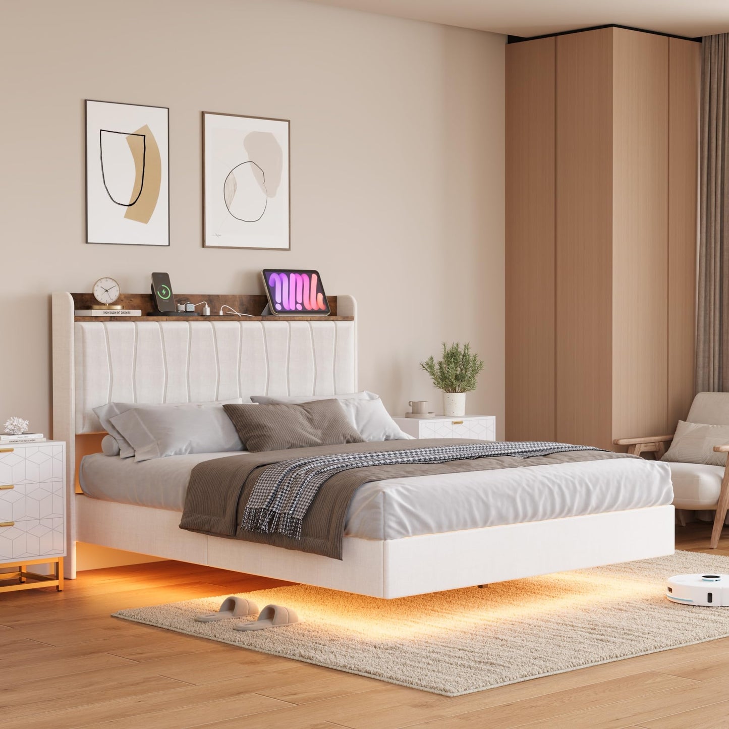 GarveeHome Floating Bed Frame King with LED Lights & USB Charging Station – Modern Upholstered Platform Bed with Headboard, Solid Wood Slats Support, No Box Spring, Easy Assembly, Noise-Free, White