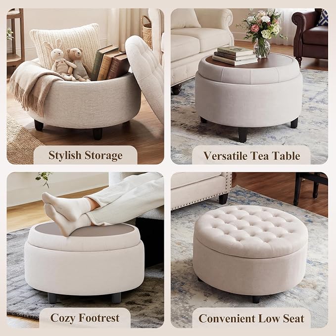 COLAMY Fabric Round Storage Ottoman with Reversible Tray Lid – Multi-Functional Footrest, Hidden Storage, Sturdy & Stylish Small Coffee Table for Living Room, Bedroom, or Entryway(Beige)