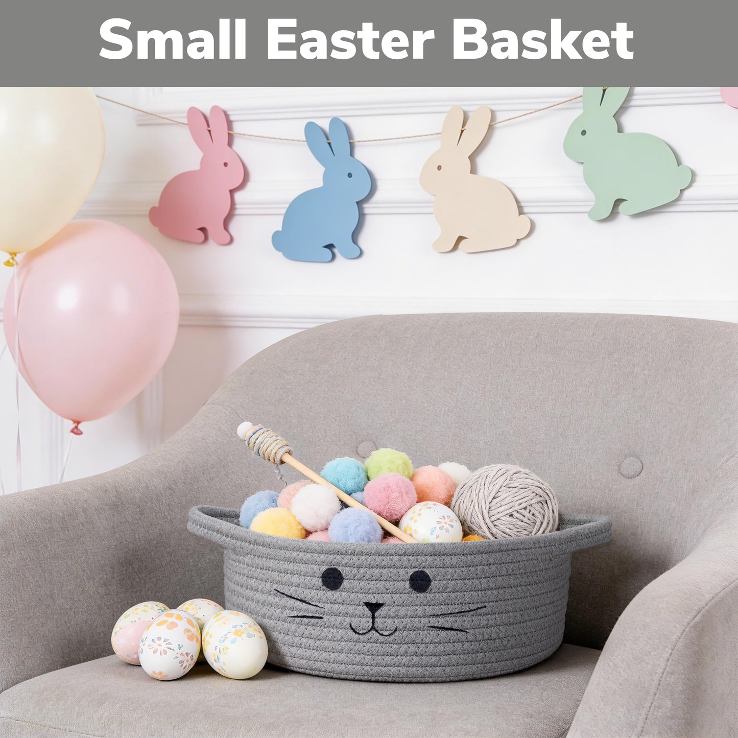 HiChen Small Woven Rope Storage Basket, Cute Cat Toy Basket for Living Room, Baby Baskets for Nursery, Gift Baskets Empty for Baby Shower, Grey, 9.8 x 4 inches