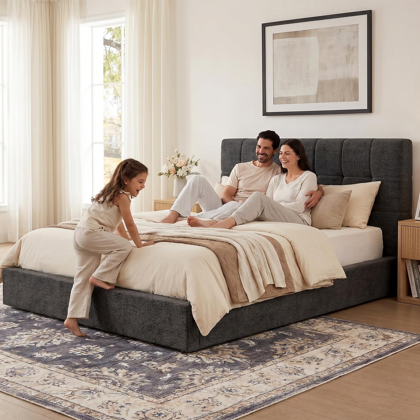 Queen Bed Frame with Headboard, Heavy Duty Upholstered Cloud Platform Bed with 2 Center Support Beams & Crossbar, 5.9" Thickened Foam for Safety, No Box Spring Needed, Easy Click‑In Assembly, Grey