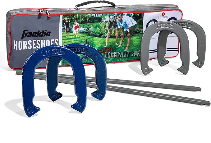 Franklin Sports Horseshoes Sets - Metal Horseshoe Game Sets for Adults + Kids - Official Weight Steel Horseshoes - Beach + Lawn Horseshoes Sets - Sets Include (4) Horseshoes and (2) Ground Stakes