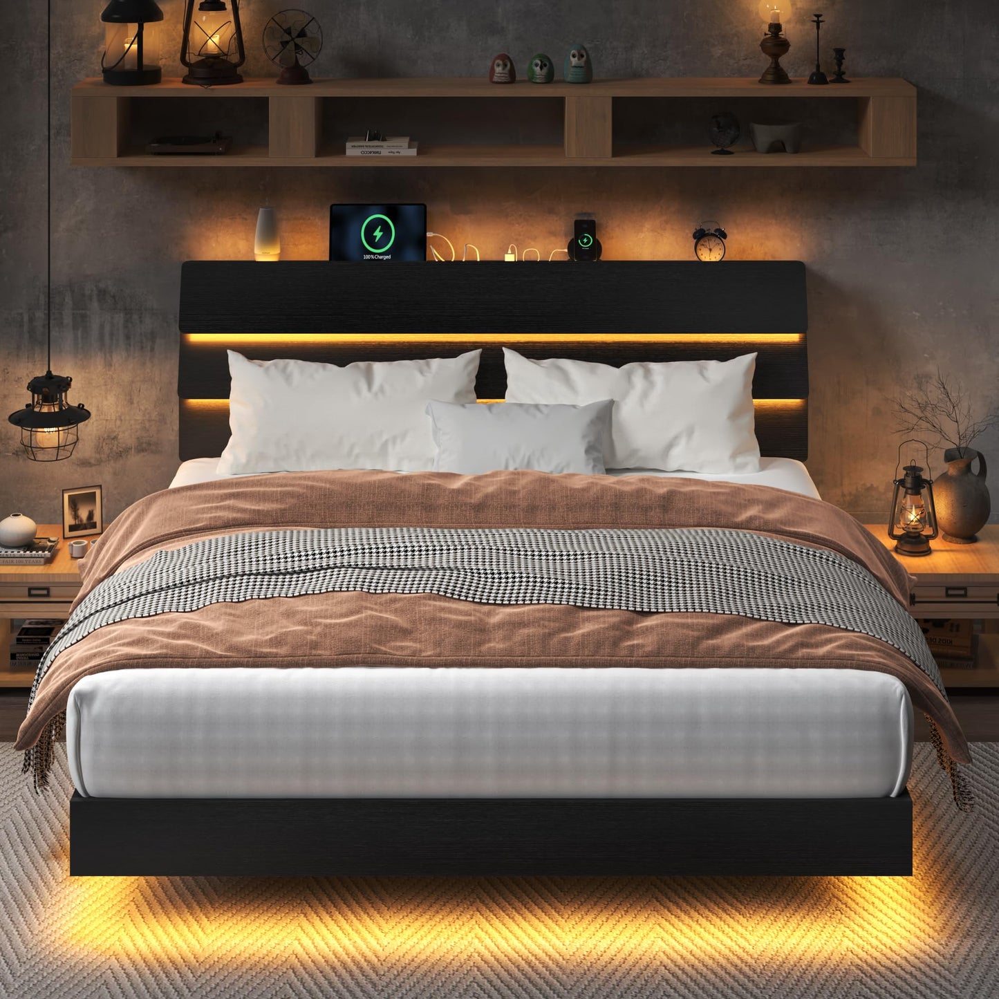 Feonase Floating Bed Frame King with Led Lights and Charging Station, Wood Full Size Bed Frame with Storage Headboard, Heavy Duty Metal Slats, No Box Spring Needed, Easy Assembly,Dark Black