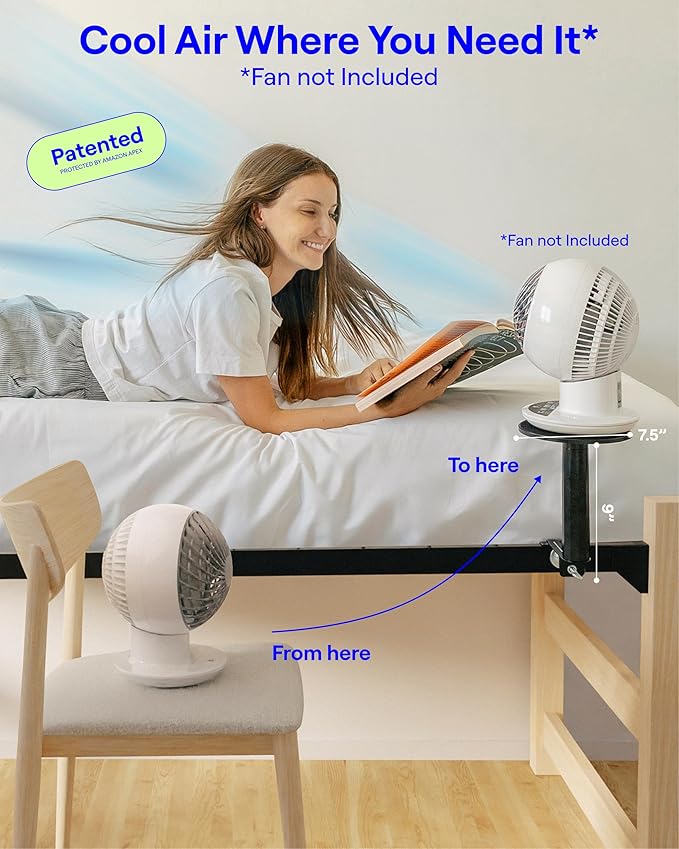 FanShelfie Adjustable Fan Holder for Dorm Room, Bunk & Lofted Bed, College Essentials for Boys & Girls, Patented Height & Distance Design, Compatible with Popular Dorm Fans, 2 Height Options (Black)