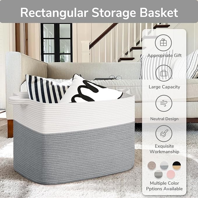 Goodpick 105L Extra Large Blanket Basket 25" x 16" x 16" Cotton Rope Storage Bins for Dirty Clothes, Rectangle Woven Laundry Basket for Living Room Bedroom, Toy Storage Baskets for Kids, Gray