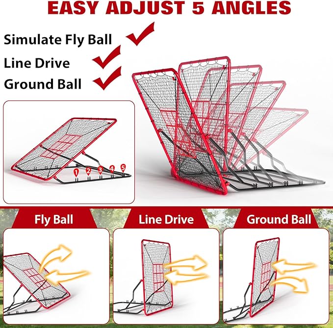 Baseball Rebounder Net 4x4.5Ft, 5 Adjustable Angles Pitching & Batting Trainer, Heavy Duty UV-Resistant Bounce Back Net, Solo Fielding Trainer for Baseball Softball Hitting, Durable Net for Outdoor Pr