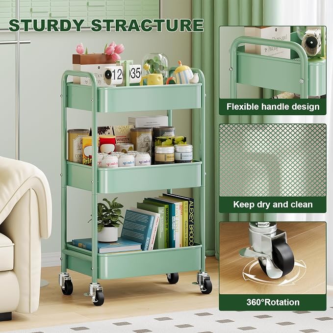 3 Tier Rolling Storage Cart Metal with Wheels, Green Baby Diaper Caddy Carts, Three Tiered Craft Cart Organizer on Wheels, Utility Roller Trolley for Art, Book, Snack, Office, Laundry, Bathroom Shelf