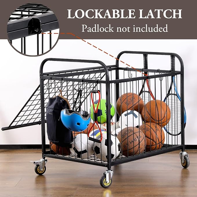 MyGift Large Capacity Metal Rolling Multi Sports Ball Cage Storage Hopper, Gym Equipment Basket Cart with Lockable Latch, Heavy Duty Caster Wheels, and 8 Accessory Hooks