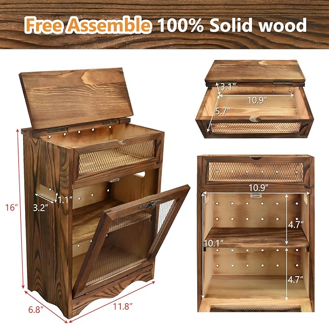Ikee Design Free Assemble Wooden Countertop Potato and Onion Storage Bin Box,Countertop Cabinet, Wooden Bread Boxes, Potato Storage, Coffee Station, 11.8W x 6.8D x 16H in, Rustic Color
