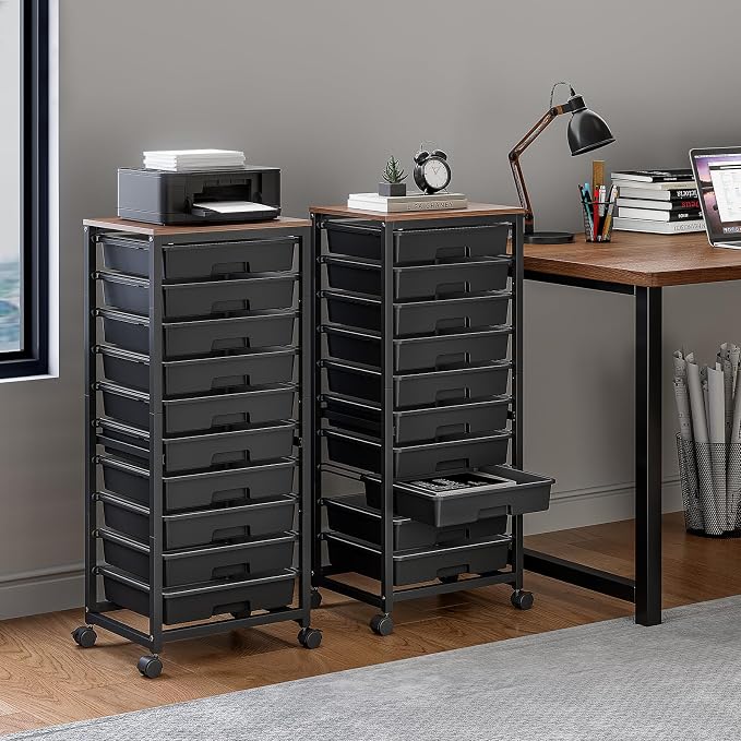 SYKIARIOL Rolling Cart with Drawers,10 Drawer Rolling Cart,Storage Cart,Utility Cart,Teacher Cart for Classroom Storage,Craft Cart with Wheels and Wooden Tabletop,Black