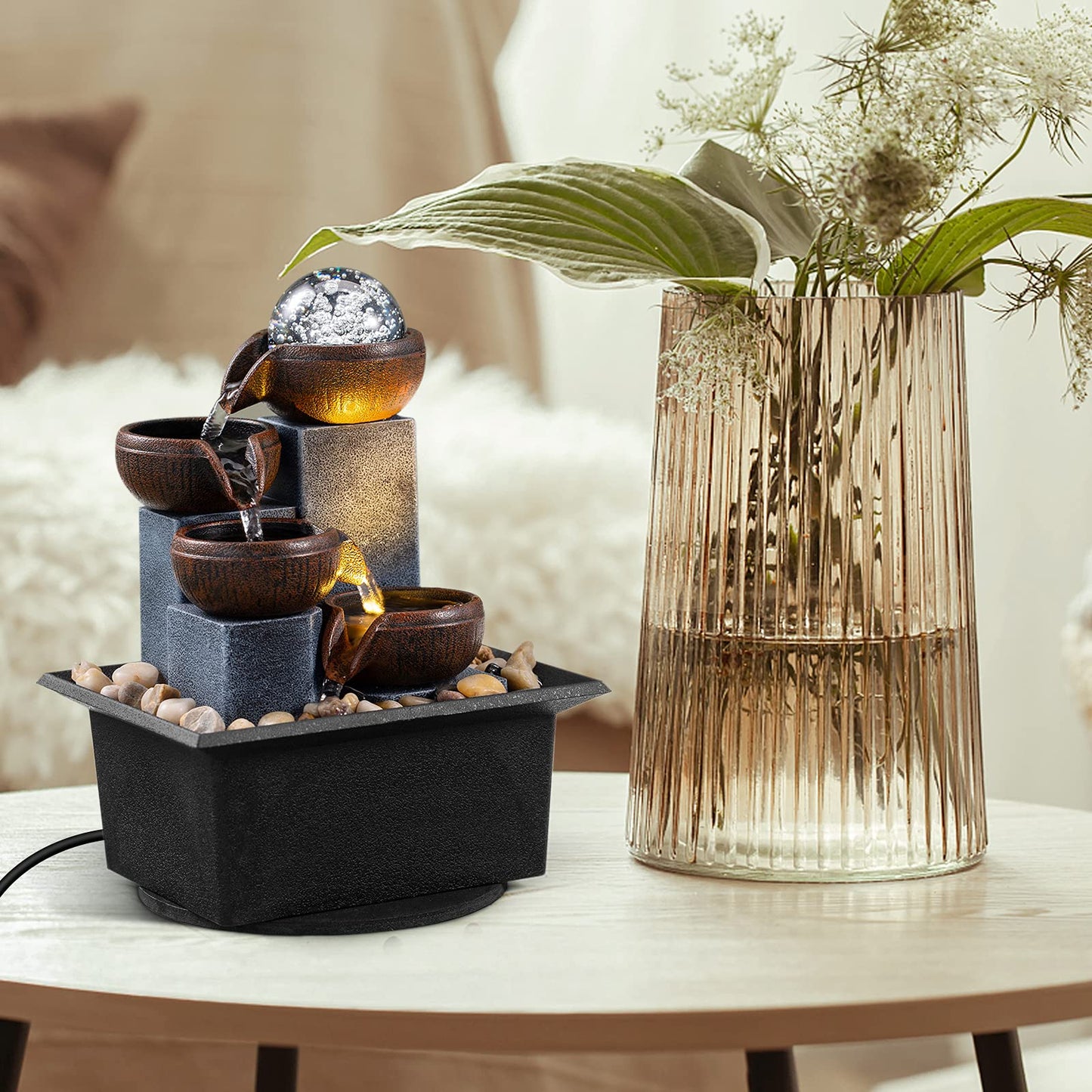 Tabletop Fountain 4 Level Tabletop Waterfall Indoor Meditation Fountain Office Home Relax Desktop Waterfall Includes Many Natural River Rocks LED Lights Bubble Ball Great Choice as Festival Gifts