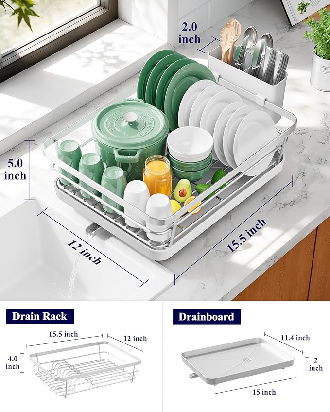 Kitsure Dish Drying Rack for Kitchen Counter, Stainless Steel Sink Organization and Storage Essentials with Cutlery Holder, Home and Appartment Decor, 12''W x 15.5''L, Silver Grey