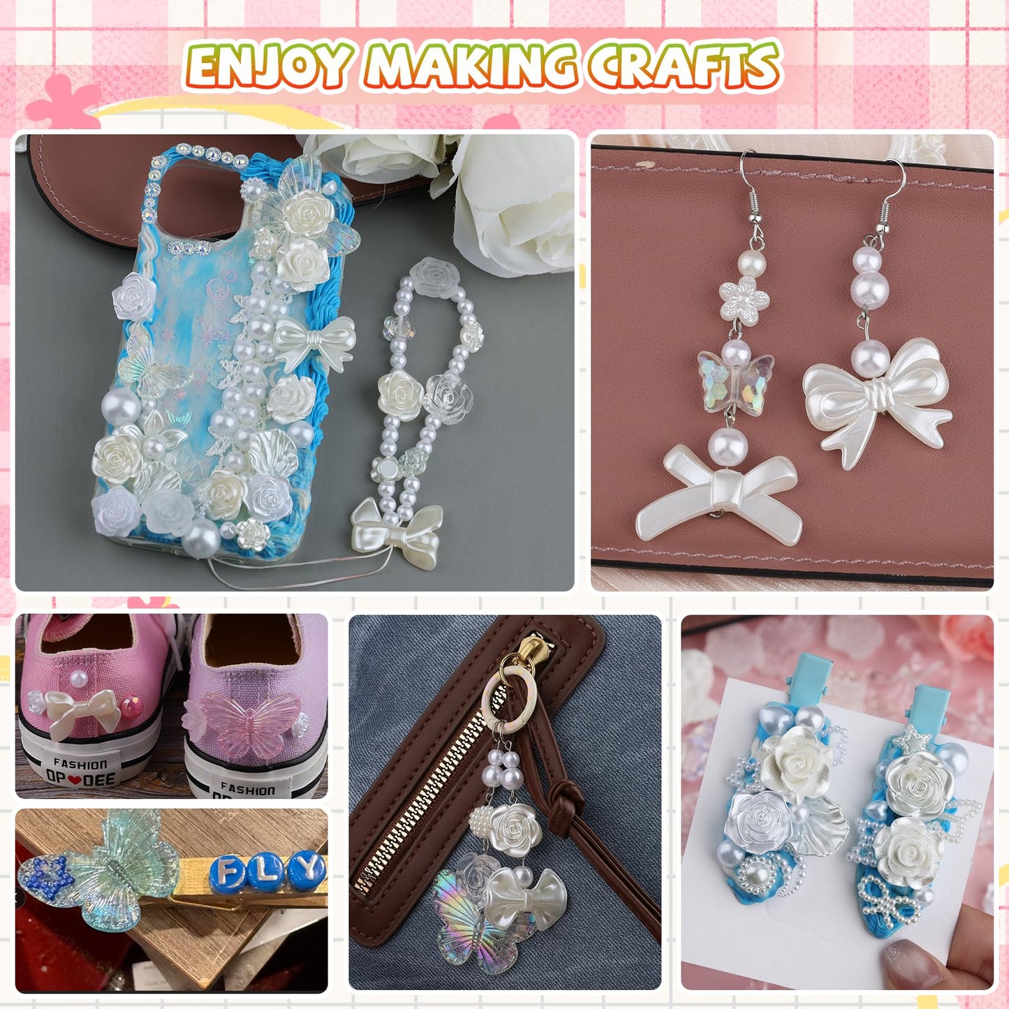 Kikonoke 350 Pieces 3D Resin Rose Flower Bows Butterfly Embellishments Angel Charms Picture Frame with Flatback Pearl Beads for Craft DIY Making Supplies (White)