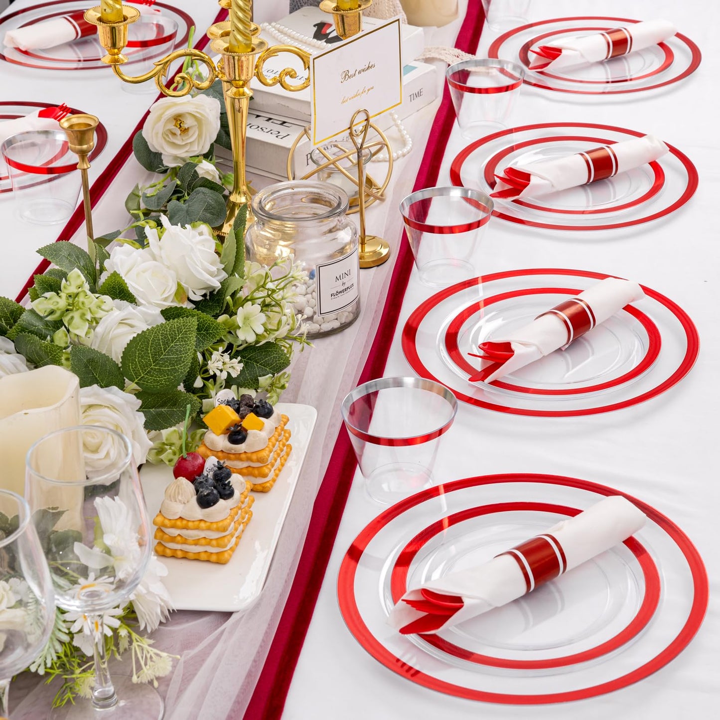 Liacere 350PCS Clear and Red Plastic Mothers Day Plates and Napkins for 50Guests Plastic Dinnerware Set:100 Red Disposable Plates 50 Pre Rolled Napkins with Cutlery,50 Cups for Mothers Day&Graduation