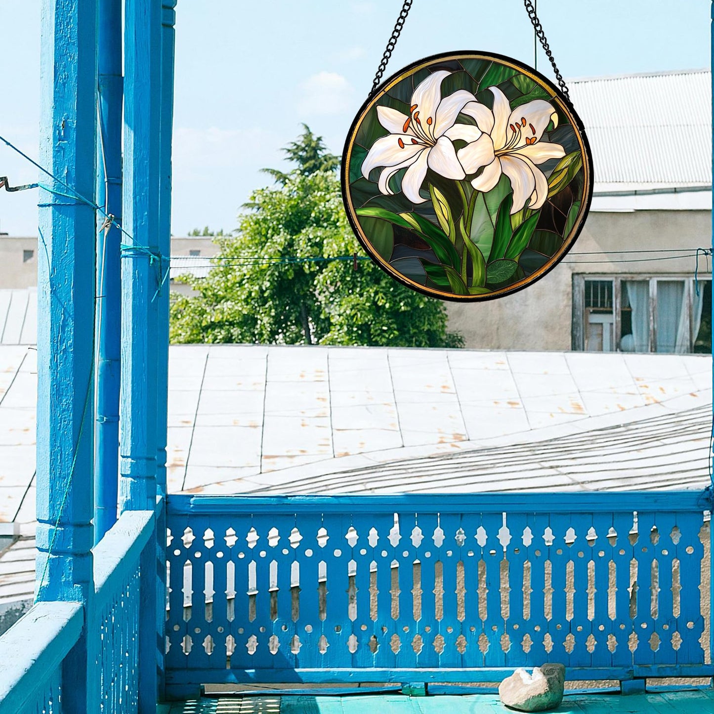 CRISGIF Stained Glass Window Hanging, White Lily Suncatcher for Door Garden Patio Birth Flower Green Plant Sun Catchers Decor Christmas Mother's Day Birthday Gifts for Women Mom Nana Friend 9.8 in