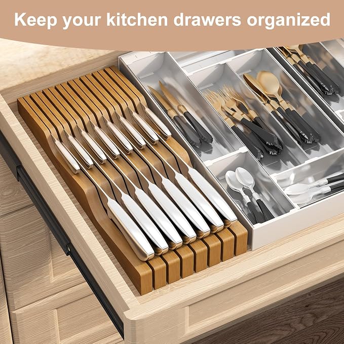 In-Drawer Knife Block Organizer - Bamboo Wood Drawer Knife Organizer-Protecting Knife Organizer Block (Not Included) (Brown, 15 Knives Dock)