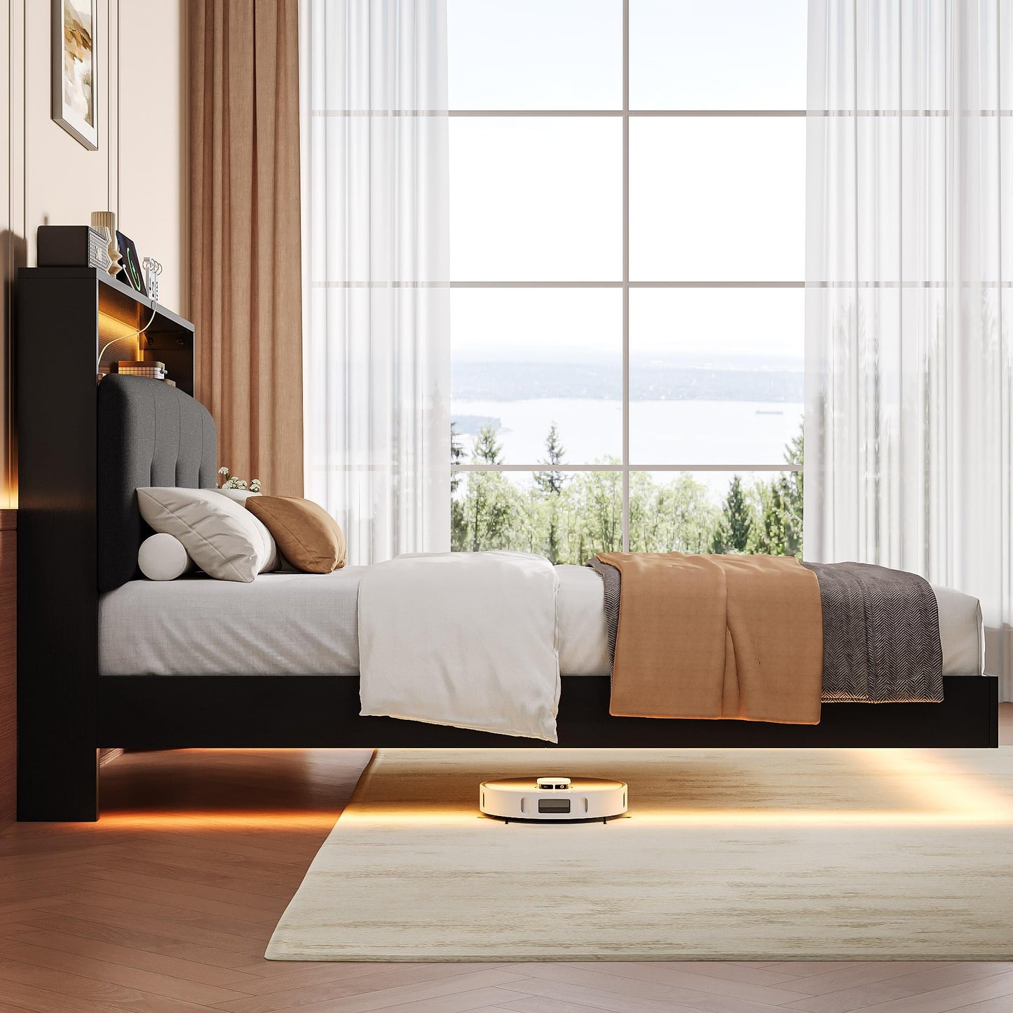 Einhomn Floating Bed Frame Full with 2-Tier Storage Linen Fabric Upholstered Headboard, Wooden Platform Bed Frame w/Charging Station & LED Lights, Metal Slats Support, No Box Spring Needed, Black