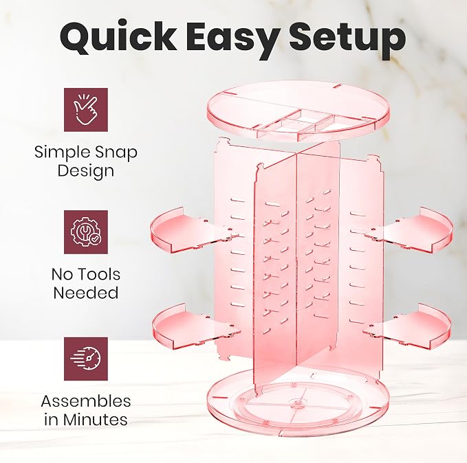 Masirs Rotating Makeup Organizer for Vanity, Large 360° Spinning Cosmetic & Skincare Organizer, Adjustable Shelf Height, Perfume Stand, Countertop Storage for Bathroom or Bedroom, Pink