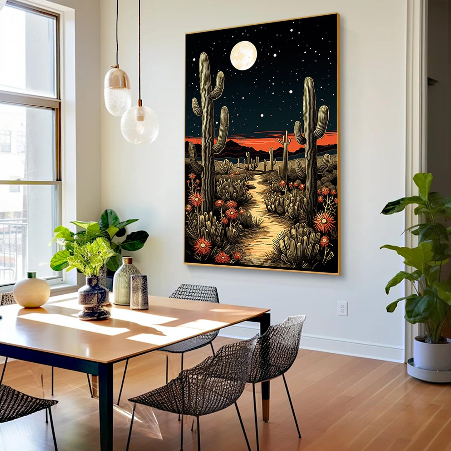 Desert Canvas Wall Art, Cactus Canvas Wall Art, Desert Pictures Print Decor, Landscape Pictures Decor, Western Painting, Living Room, Bedroom for Western Cactus Landscape (Black Framed, 23"x34"| 57x86cm)