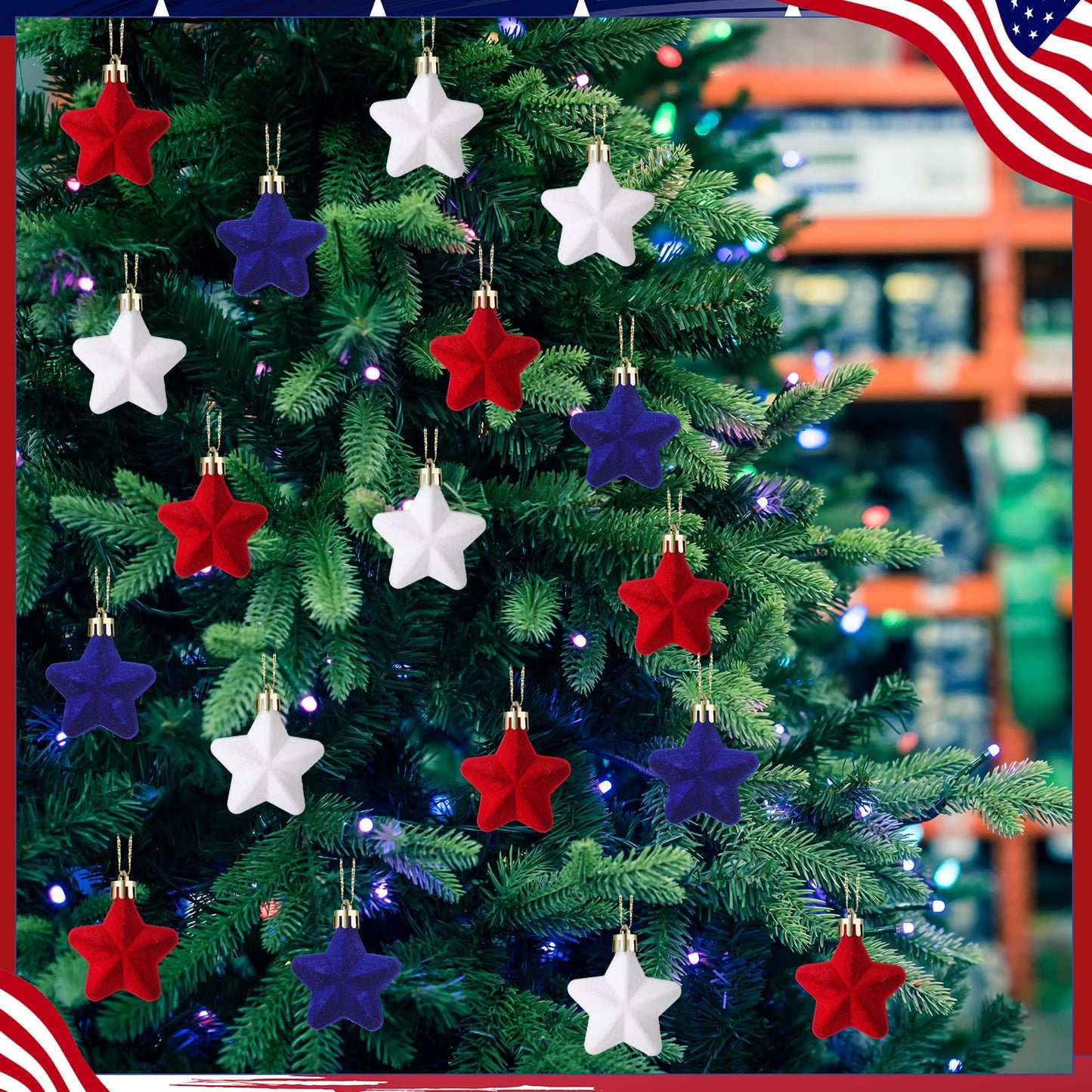 PullCrease 36 Pcs Patriotic Velvet Star Ornaments 1.18 Inch 4th of July Independence Day Tree Decorations Red White Blue Mini Fuzzy Patriotic Ornaments Hanging Stars Memorial Day 250th Anniversary