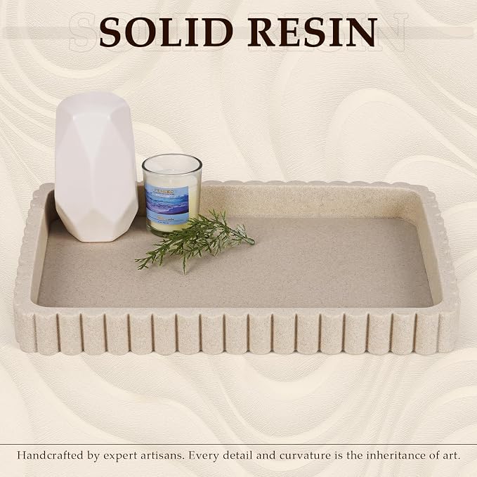 Resin Decorative Tray for Coffee Table Decor, 14" Coffee Table Tray Ottoman Tray Table Centerpieces, Rectangular Modern Decorative Trays for Home Decor, Living Room, Entry, Resin Beige