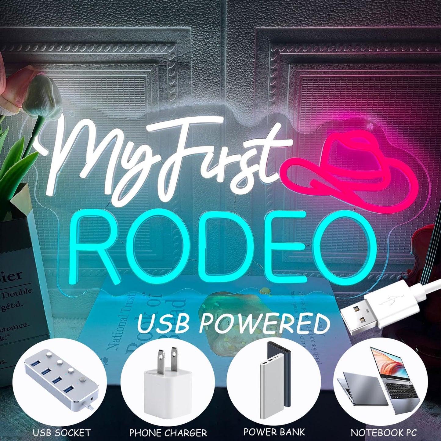 My First Rodeo Neon Sign for Wall Decor, Dimmable Cowboy Hat Neon Lights Signs, Western Cowboy Theme Neon Led Sign for Farm Bar Club Party Game Room Bedroom Man Cave Decoration Birthday Present