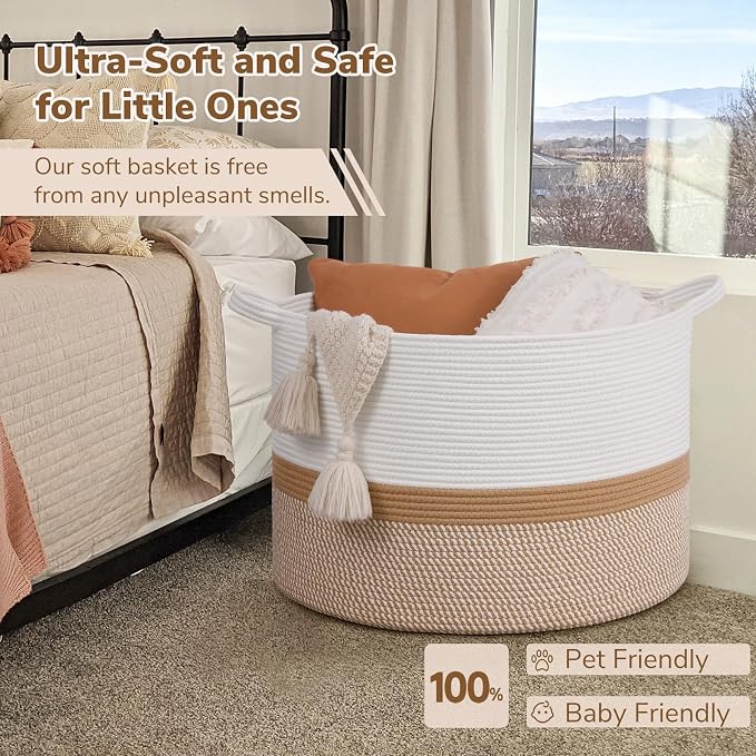 INDRESSME 115L Extra Large Cotton Rope Basket, Woven Baby laundry Blanket Basket for Home Decor Living Room Nursery, Toy Storage Baskets for Kids Boys Girls, White & Camel Mix
