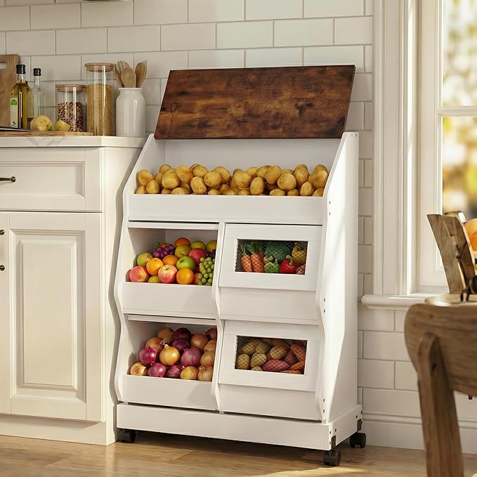 ARTETHYS Potato and Onion Storage Bin with Wheels, 3 Tier Bread Container with Lid, Ventilated Vegetable Organization Cabinet for Kitchen