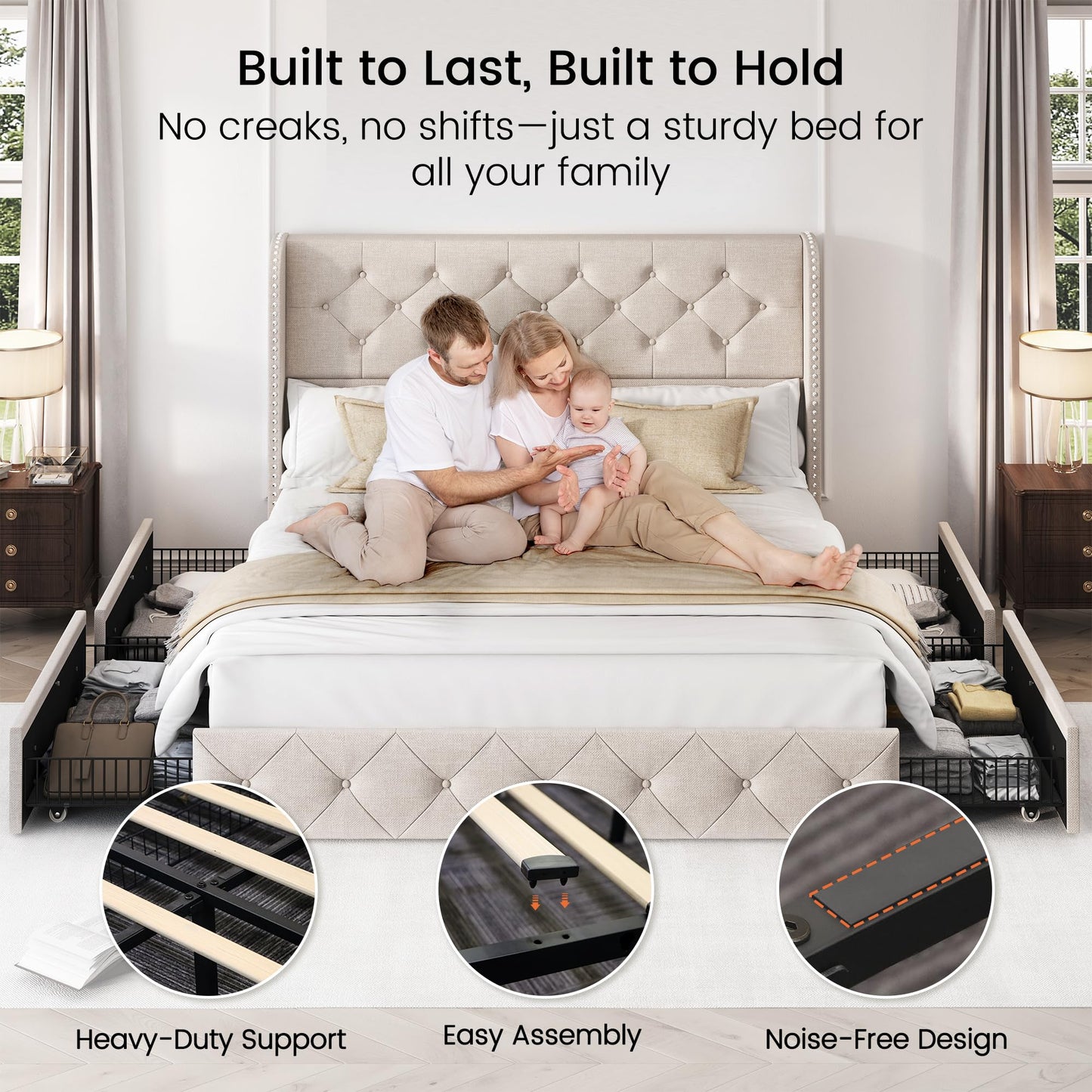 LARMACE Queen Size Bed Frame with 4 Storage Drawers and 47.2" Tall Tufted Headboard Linen Upholstered Platform Bed Frame Wingback Beds with Wooden Slats Support, Easy Assembly, Beige