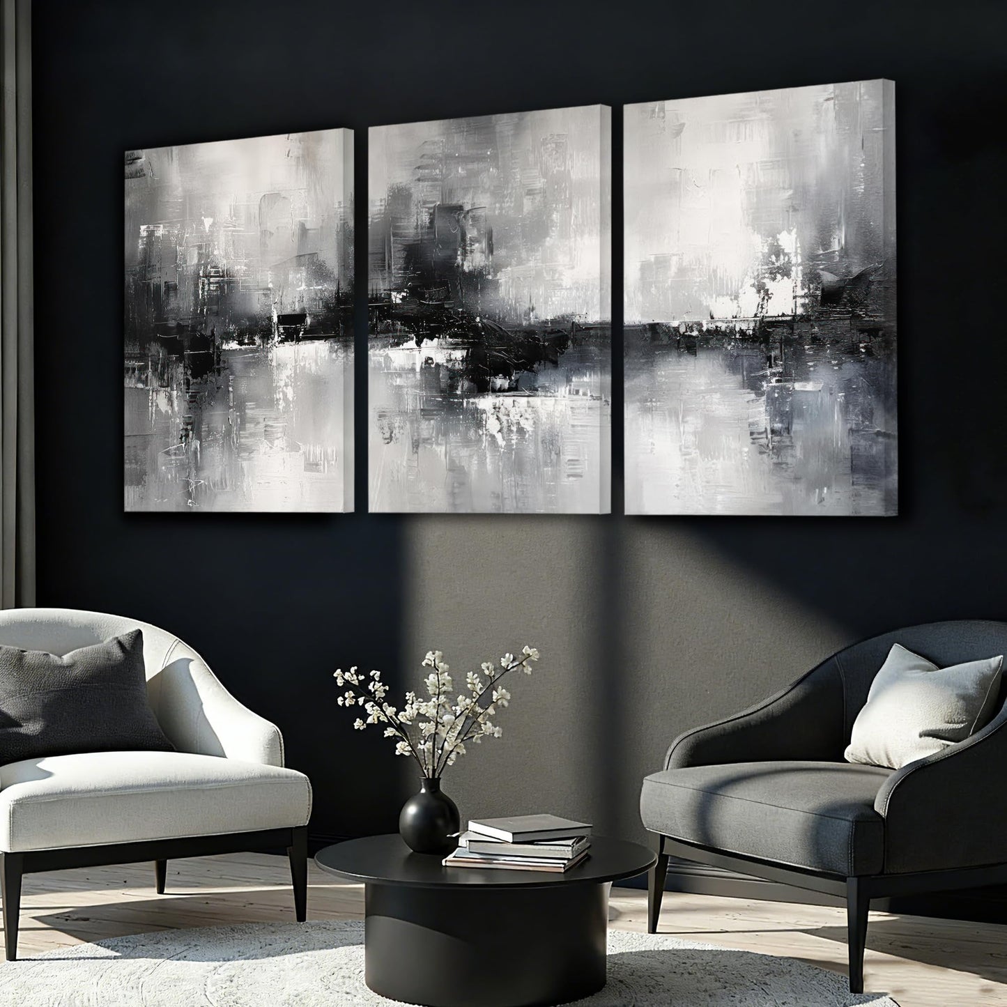 AVECCO 3 Pieces Large Black and White Abstract Wall Art, Modern Black and White Grey Canvas Wall Decor, Dark Contemporary Minimalist Art Prints for Bedroom Living Room Office Home Decoration 24x36 In