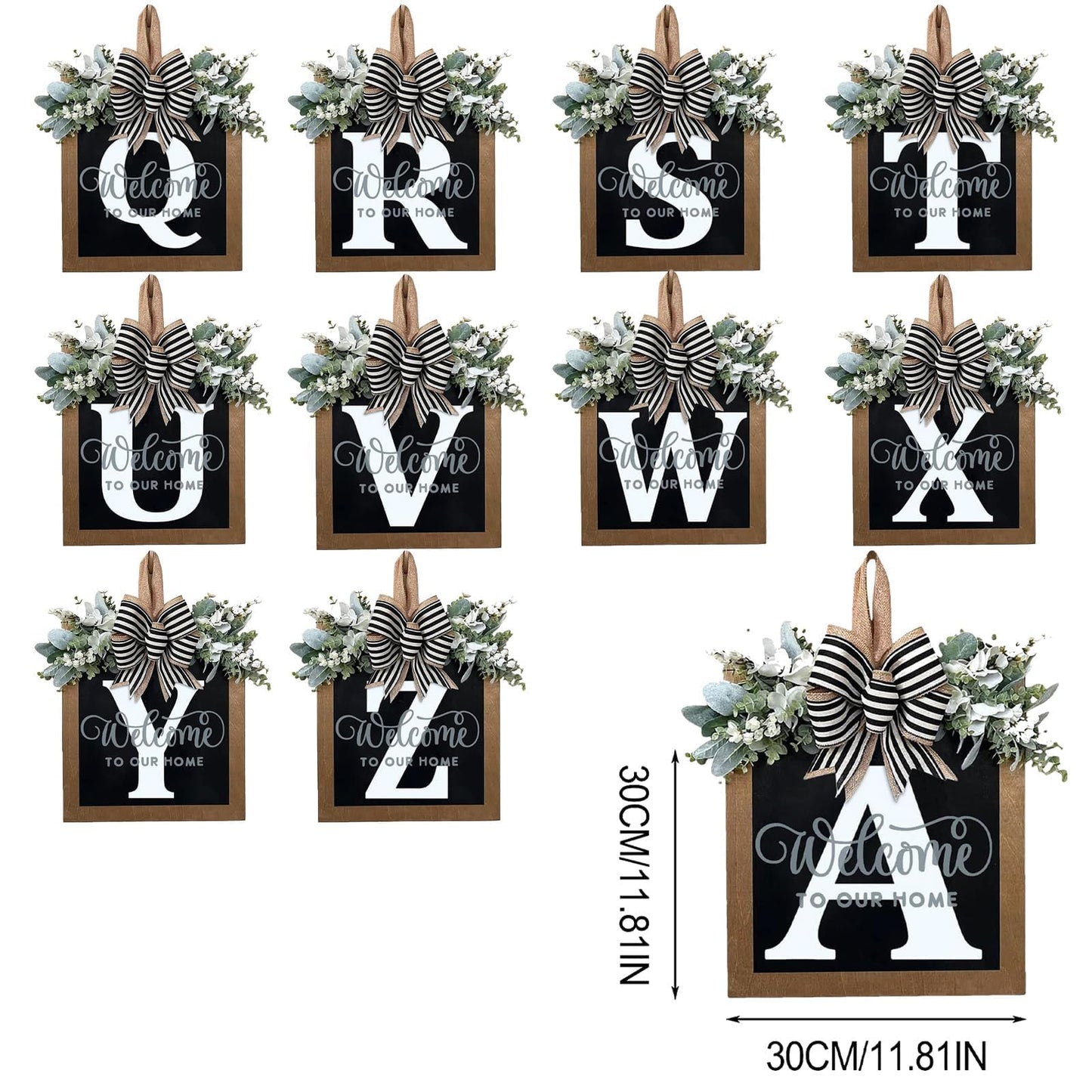 Last Name All Year Round Front Door Wreath with 26 Initial Letter Welcome Sign All Seasons Eucalyptus Garland and Bow ，Farmhouse, Porch, for Spring Summer Fall All Seasons Holiday Halloween Christmas. (M)