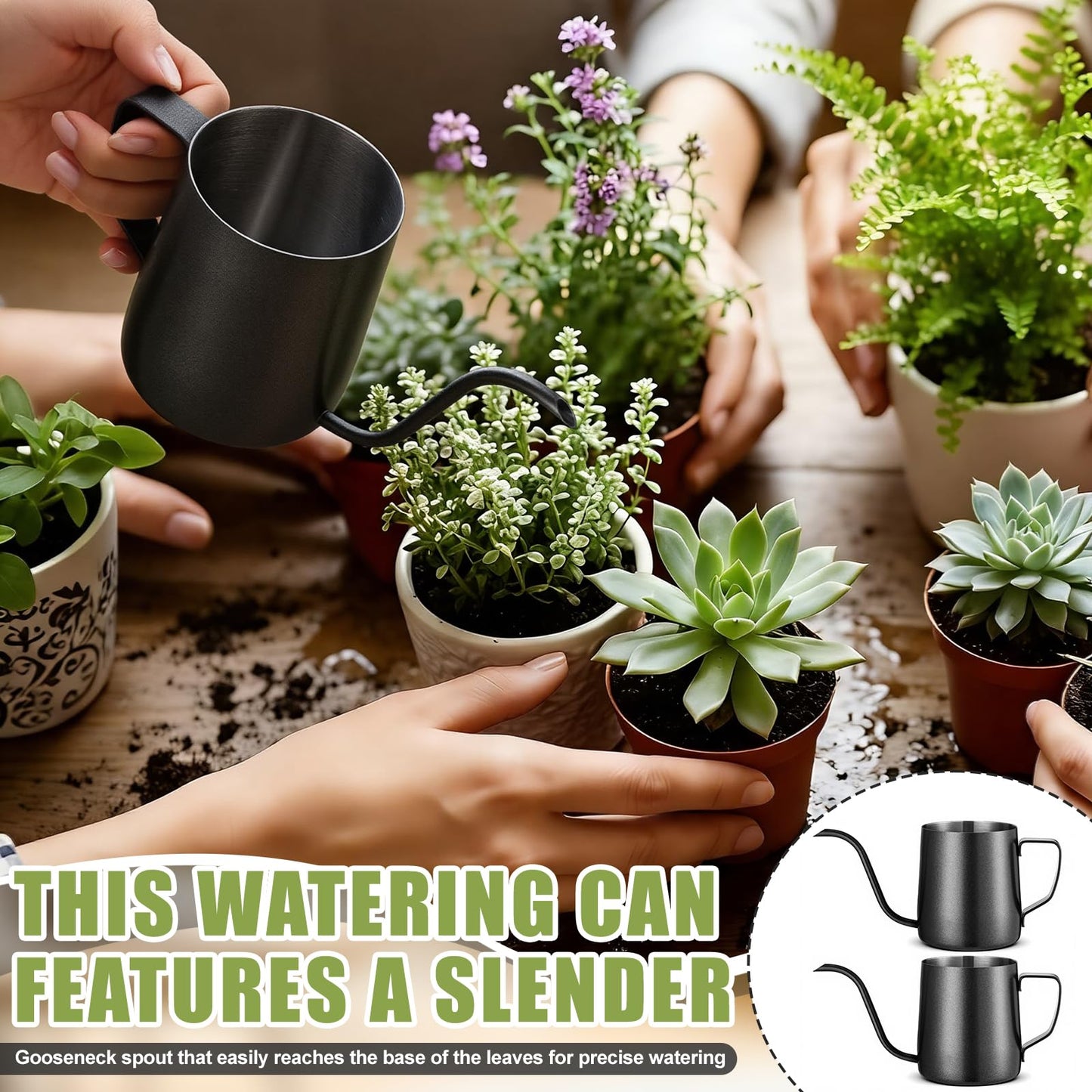 Teecyhooo 2 Pcs Small Watering Can for Indoor Plants, 12 Oz/350 ml Mini Plant Watering Pot with Long Spout and Scale 304 Stainless Steel Tiny Watering-can for Outdoor Indoor Plants Garden(Black)