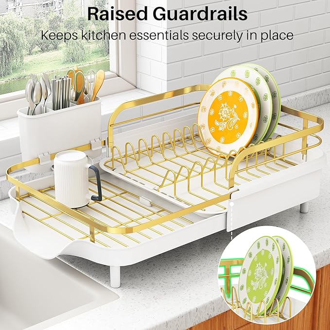 SAYZH Dish Drying Rack - Expandable Dish Rack for Kitchen Counter, Rust-Resistant Dish Drainer with Utensil Holder and Raised Guardrail, Kitchen Organizer for Cup and Bottle (Gold)