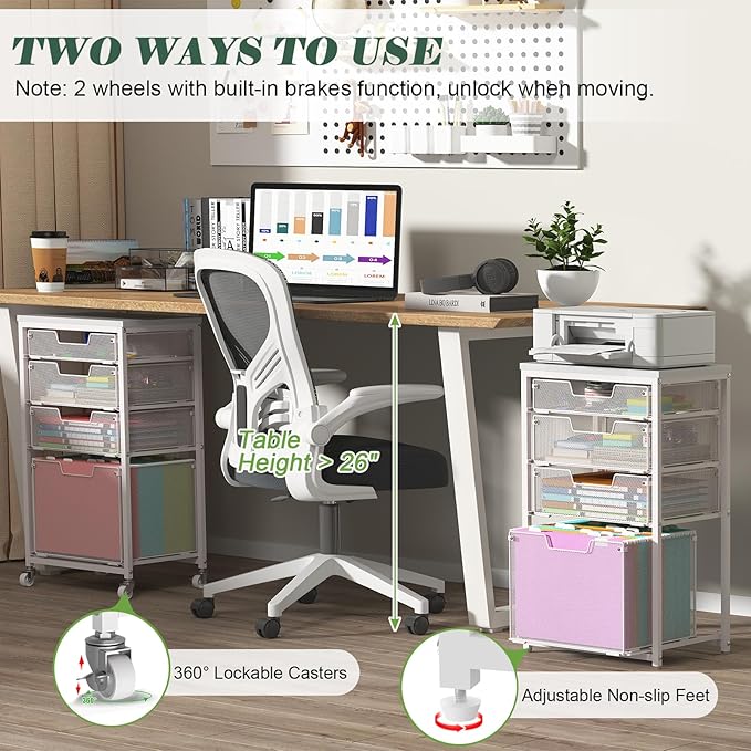 Sbanmao 4 Drawer Rolling File Cart with Wheels, Mobile Filing Cabinet for Home Office, Hanging File Organizer, Under Desk Storage, Multifunctional Utility Cart Printer Stand, White