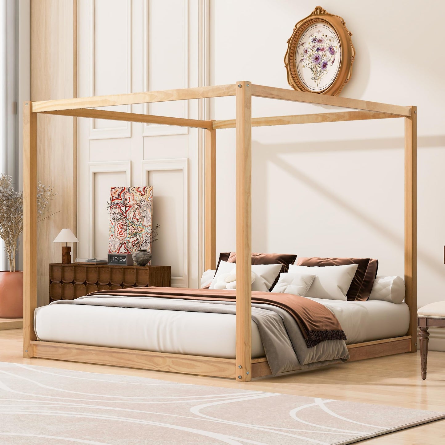Merax Modern King Size Wood Canopy Bed Floor Platform Bed Frame/No Box Spring Needed/Easy Assembly, Nutural