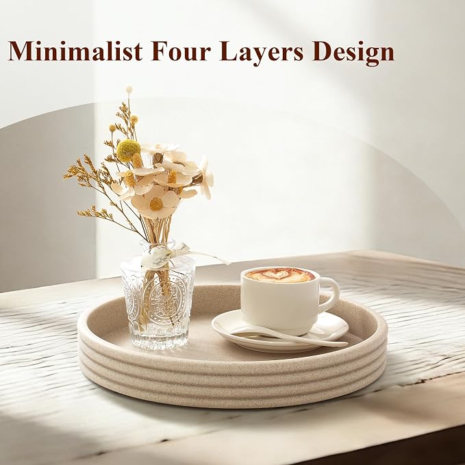 YMXYJM Round Decorative Tray - Modern Coffee Table Tray Decor, Resin Home Decor for Living Room & Bedroom. Multi-Functional Coffee Table Centerpiece with Anti-Slip Pads - 11x1.5 Inch Key Trays - Beige