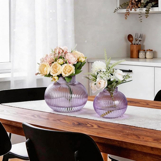 Purple Glass Vases for Tulips, Set of 2, Flower Vases for Bouquet, Ribbed Glass Vase for Flowers, Short Vase for Living Room, Office, Coffee Table, Shelf, Wedding