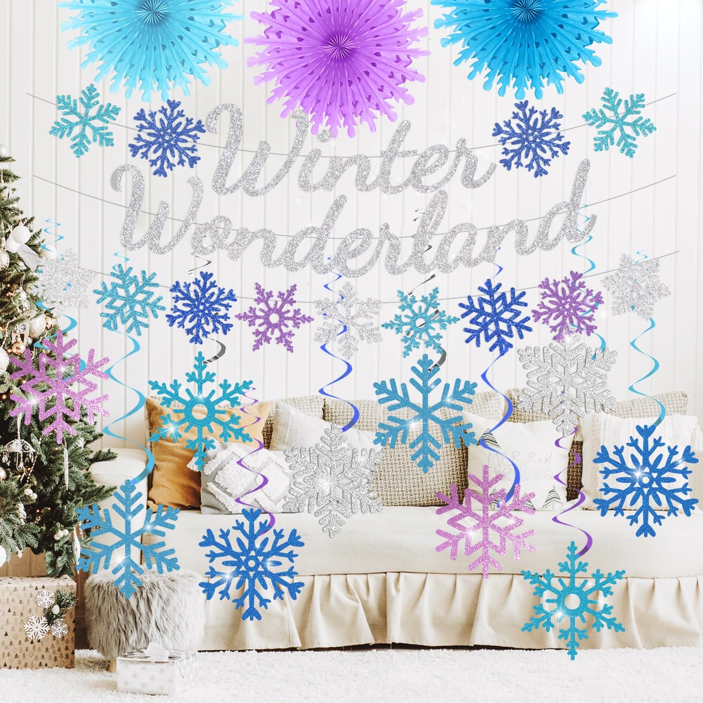 28pcs Winter Snowflake Hanging Swirls Decorations, Winter Wonderland Decorations Snowflake Hanging Swirls Decoration Glittery Ornament Banner for Winter Frozen Baby Shower Party Home Decorations