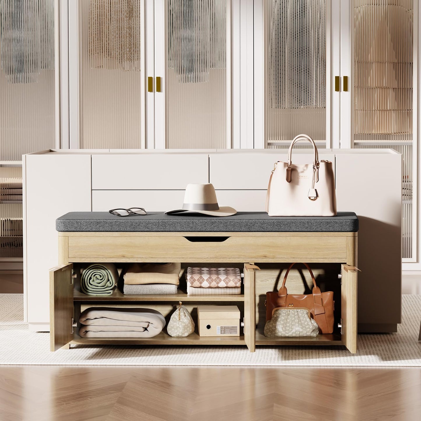 LOOMORA Shoe Bench with Storage - Lift Top Entryway Bench with Hidden Storage, Shoe Rack with Adjustable Shelves and Cushioned Seat, Wooden End of Bed Bench for Bedroom, Living Room and Hallway,Nature
