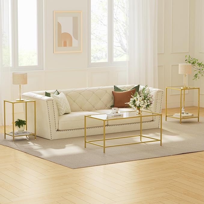 Homleke Glass Coffee Table, Modern Rectangular Coffee Table for Living Room, Minimalist Center Tea Table with Sturdy Metal Frame for Apartment, Office, Easy Assembly, 39.4 x 19.7 x 17.7 Inches, Golden