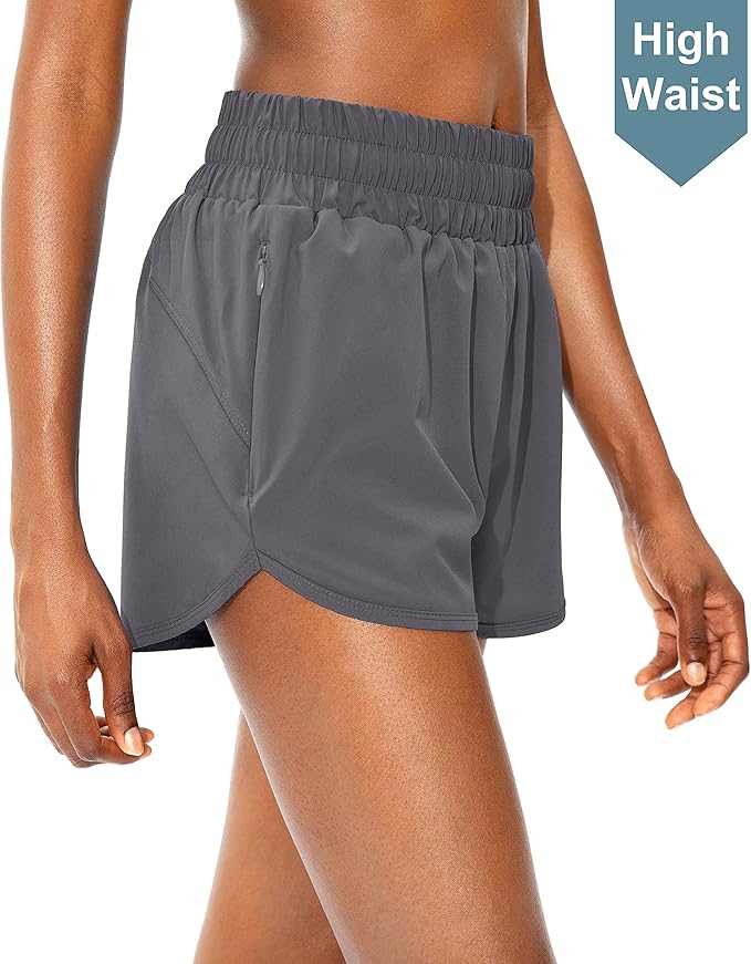 SANTINY Women's Running Shorts with Zip Pockets High Waisted Athletic Workout Gym Shorts for Women with Liner