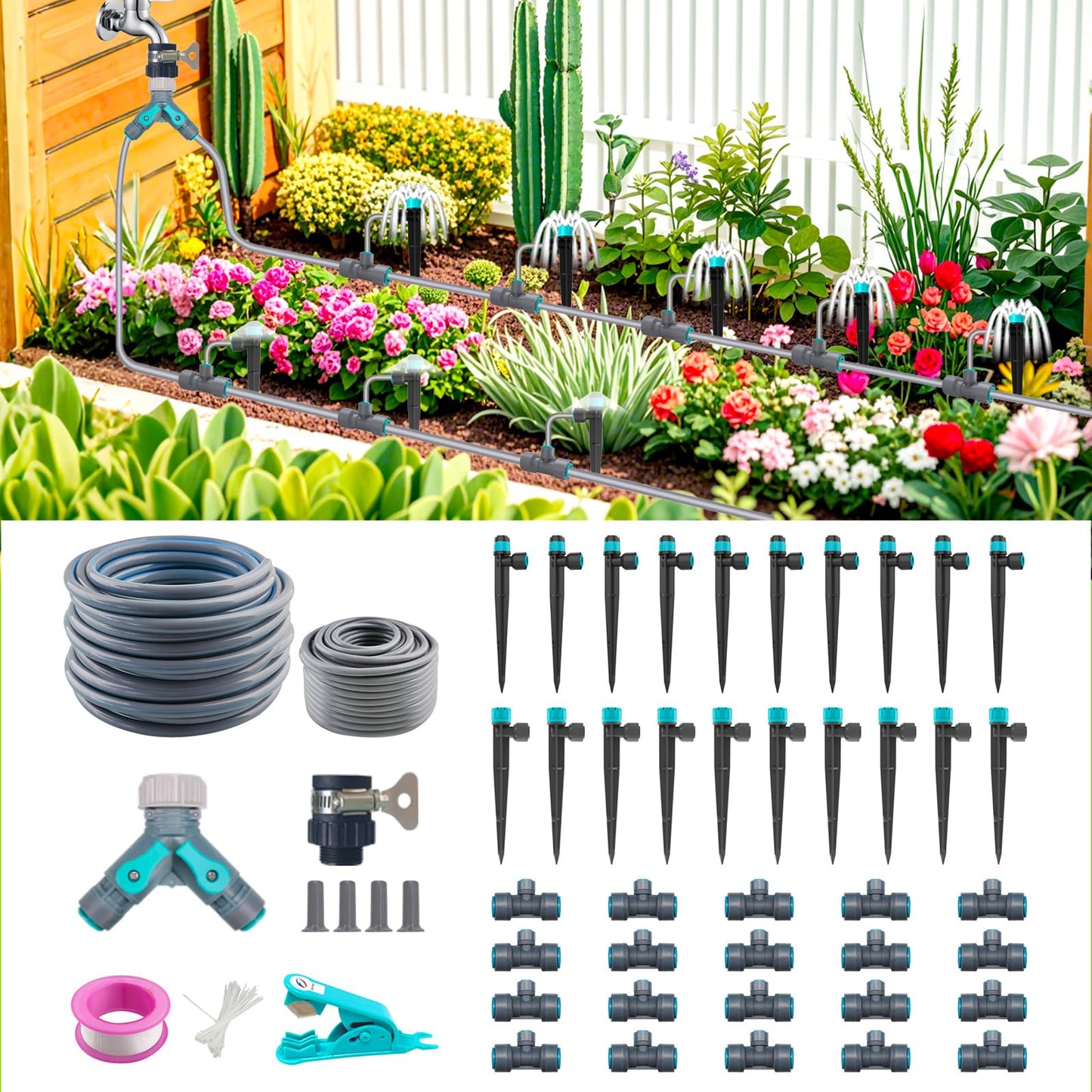 Drip Irrigation System 99FT, Complete Automatic Drip Irrigation Kit with Quick Connector, Garden Watering System for Potted Plants with 12mm 6mm Irrigation Tubing Adjustable Emitters for Garden